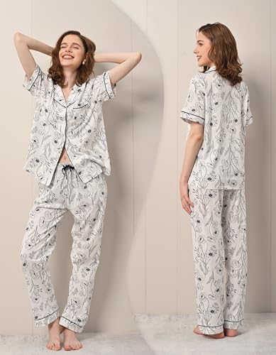 Image of NAP BOUND 100% Cotton Women's Pajama Sets Short Sleeve Button Down Soft Pjs 2 Piece Lounge Set with Pocket Nightwear XS-XXL