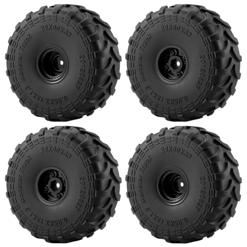 JGGZONE RC Monster Truck Wheel Rim Tires Set 4Pcs 80 * 33mm Large Sticky Crawler Tires with Wheels for 1/24 RC Car Axial SCX24 AX24 FCX24 1/18 Scale TRX4M Upgrades Upgrade Wheels