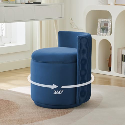 Velvet Vanity Chair with Storage, 360° Swivel Makeup Chair with Wave Back, No Assembly Small Accent Stool for Bedroom, Dressing, Living Room, Blue