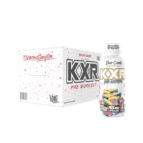 Image of KXR High Stimulant Pre-Workout Energy Ready To Drink by VMI Sports | 400mg Caffeine, 6g Citrulline, 3.2g Beta-Alanine | Delicious - Convenient - Powerful | 12.5 oz bottles (12 bottles, Sour Candy)