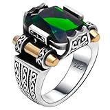 Genuine Solid 925 Sterling Silver Ring for Men, Accented with Bronze, Faceted Simulated Green Emerald Stone, Vintage Turkish Ottoman Style (Simulated Emerald, 8)