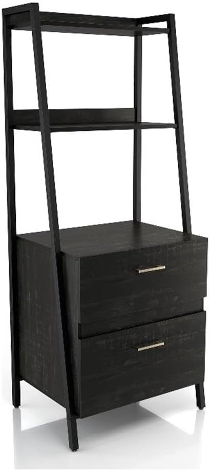 BOWERY HILL Vertical Wood File Cabinet, Reclaimed Black Oak Finish, 25.59" W x 20.57" D x 63.27" H, 2-Drawer with Metal Glides, Open Shelves, Transitional Office Storage for Legal Documents