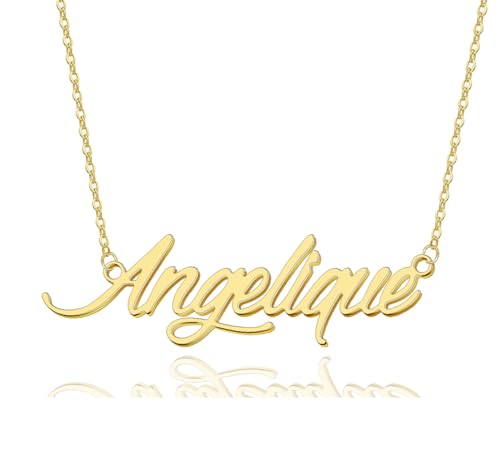 AOLO Angelique Name Necklace for Women 18k Gold Plated Stainless Steel - Personalized Nameplate Jewelry Birthday Gift for Mom Adjustable Chain 16-18 Inch