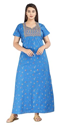 Image of DIAMO Pure Cotton Embroidery Nighty for Women, Cotton Night Gown, Night Maxi Gown, Cotton Nighty with a Pocket and Adjustable Knot