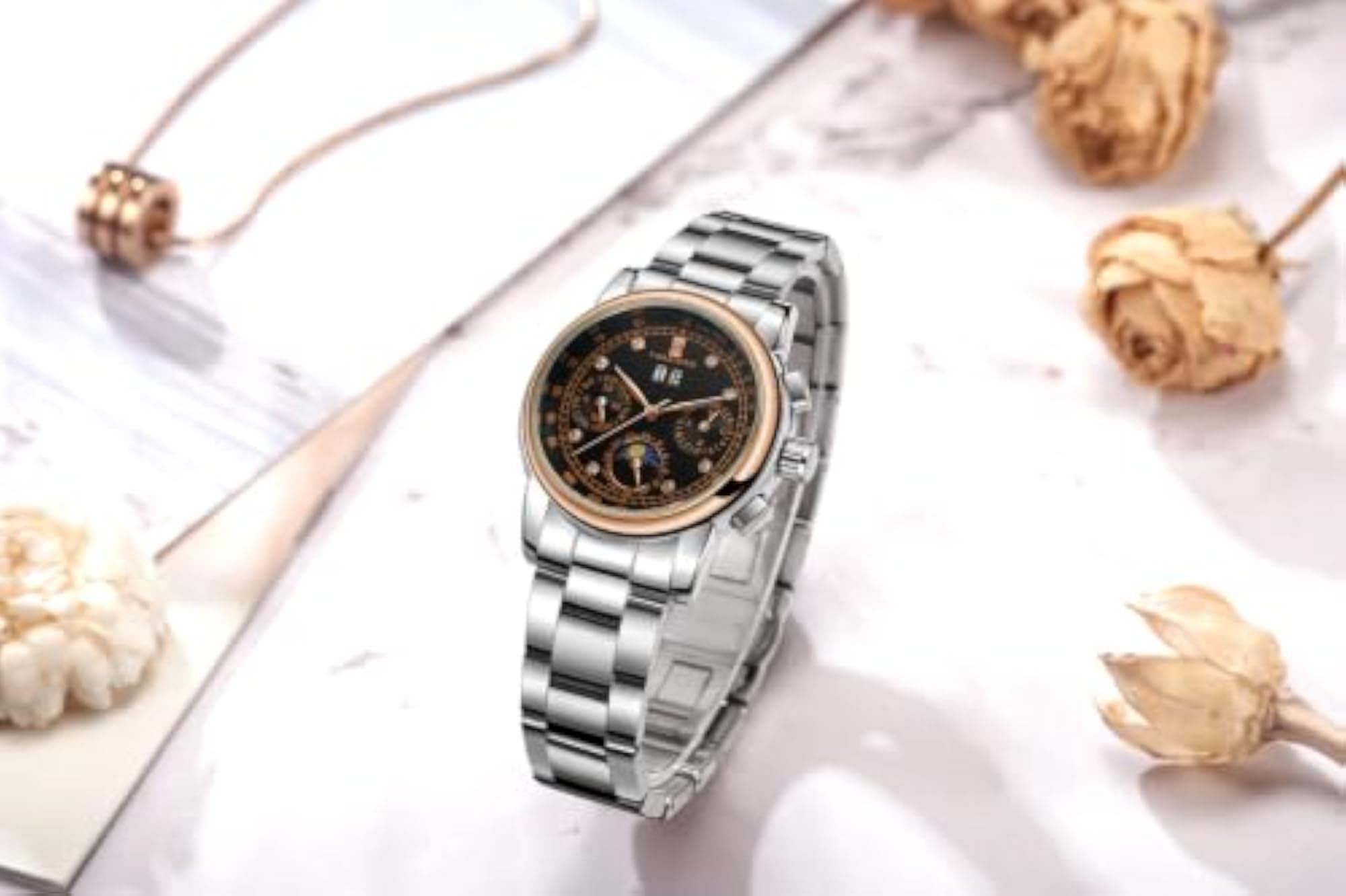Automatic Couple Watch Set with Moon Phase & Multi-Function Dial