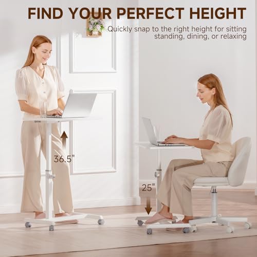 Image of GTPLAYER Small Standing Desk, 24 Inches Foldable Mobile Rolling Laptop PC Table with Lockable Casters, Adjustable Height Overbed Bedside Table Computer Workstation for Home Office, White-Foldable