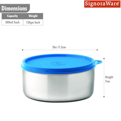 Image of Signoraware Executive Stainless Steel Big Container | Airtight & Leakproof | Lightweight & Easy to Carry | Ideal for Office Lunch, Kitchen Use & Travel (500mlx2 | Set of 2 | Blue)