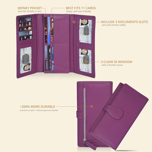 Image of Real Leather Women Wallet Leather with RFID Blocking -Trifold Card Holder Designer Ladies Clutch with ID Window Wallets
