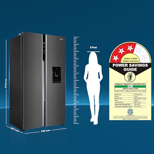 Image of Haier 596 L 3 Star Frost Free Expert Inverter Smart Sense AI enabled 2-Door Side by Side Refrigerator (HRS-682WGKU1, Graphite Black, Magic Convertible, In-built Water Dispenser, 2026 Model)
