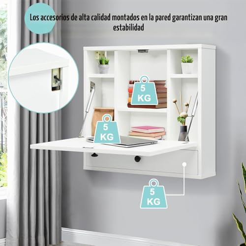 Miniatura 6 de Fantask Escritorio Plegable Para Ordenador Con Estantes Y Cajón, Mesa Plegable De Pared, Mesa De Pared Para Oficina En Casa Y Espacios Pequeños Blanco
