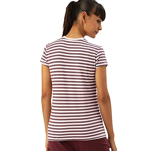 Image of Enamor Essentials Women's Short Sleeve Crew Neck Slim Fit Breathable Stretch Cotton Tee With Graphic - E147(E147-Dl Plm Mel /Drm Pnk Stripe-XL)