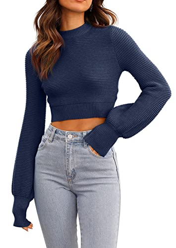 Image of Womens Sexy Crew Neck Cropped Sweaters Knit Long Sleeve Crop Tops Pullover | Ribbed Knit, Long Sleeve, Crop Tops, Pullover,Crew Neck