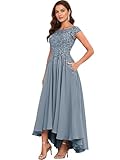 Ontoefy Tea Length Mother of The Bride Dresses for Women Wedding - Cap Sleeves Lace Foral Formal Evening Dress with Pockets Dusty Blue
