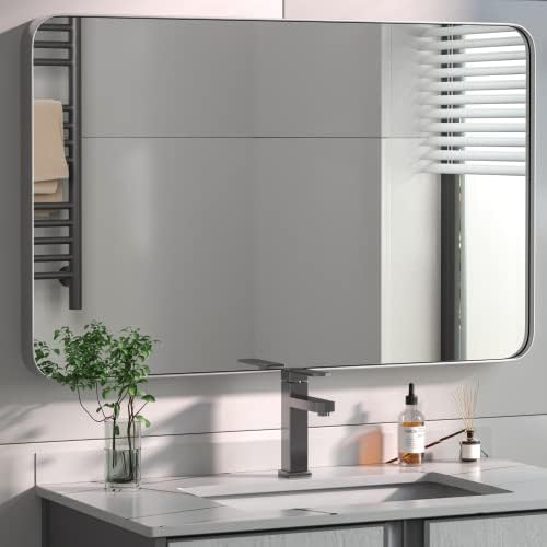 PAIHOME 24x36-Inch Brushed Nickel Bathroom-Vanity-Mirror for Wall - 304 Stainless Steel Silver Frame Bathroom Mirrors, Rectangle Farmhouse Mirror, Vertical Or Horizontal Hanging Modern Mirror