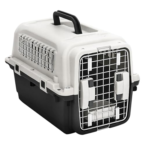 ハンドル付きプラスチックペット犬小屋、金属ワイヤーシングルドア猫クレート、仕切りパネルとハンギングボウル、犬/猫旅行用(40cm/16インチ)
