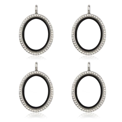 WANDIC Strass Foto Charm, 4 Stück Oval Silber weiß Kristall Foto Anhänger Braut Hochzeit Bouquet Charms Living Floating Memory Medaillons für 2 Bilder