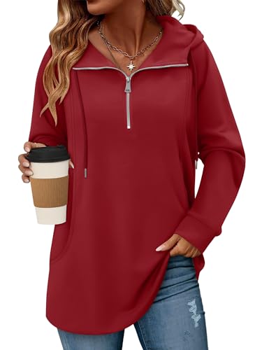 onlypuff Women Hoodie Pullover Trendy Quarter Zipper Lapel Sweatshirts Drawstring Cute Hooded Tunic Tops with Side Pockets