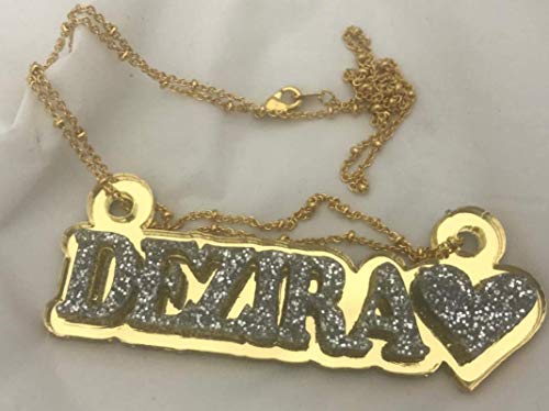 MIRROR MANIA Name Plate Custom Name Necklace Nameplate Name Laser Cut Personalized, Diamond Look Letters with Gold Back, Gold Chain and Heart, Made To Order Any Name - Dazzling and Stunning!2