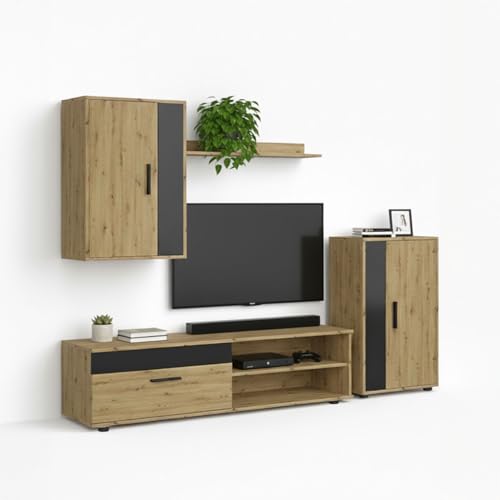 duehome | Mueble de Salón, Composición Modular de TV, Modelo: Lunet 190, Acabado en Alpino y Negro, Medidas: 140 cm (Largo) x 35 cm (Fondo) x 36,2 cm (Alto)