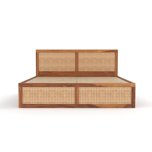 Image of Sheesham Wood Cane Bed with Drawer Storage for Bedroom | Queen Size Wooden Double Bed Palang with Rattan Headboard & Footboard (Honey Finish)