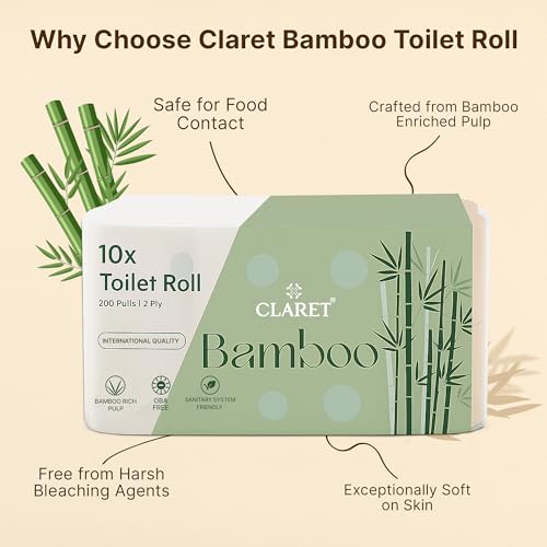 Image of Claret Bamboo 2-Ply Toilet Roll (10 x 10 cm) | 200 Pulls | 10 Rolls in 1 Pack | Ultra Soft & Eco-Friendly | OBA Free | Natural Bamboo Pulp (Pack Of 1 (10 Rolls))
