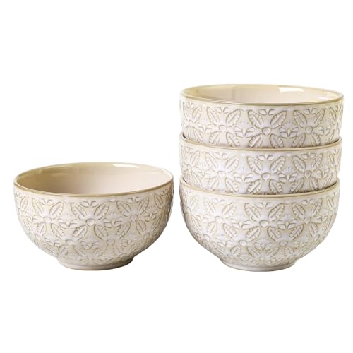 Feenmai 26 Oz Cereal Bowls Set of 4, 6 inch Ceramic Soup Bowl for Kitchen, Porcelain Embossed Serving Bowls for Salad, Pho, Breakfast, Ramen, Rice, Dishwasher Microwave Safe, Housewarming Gift