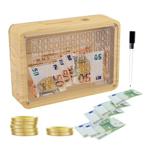 Jadin Hucha de Madera, Caja de Ahorros, Hucha con Contador, Hucha con Objetivo de Ahorro de 1000 con Bolígrafo Borrable, Reutilizable, Ayudar Niños y Adultos a Desarrollar el Hábito de Ahorrar Dinero
