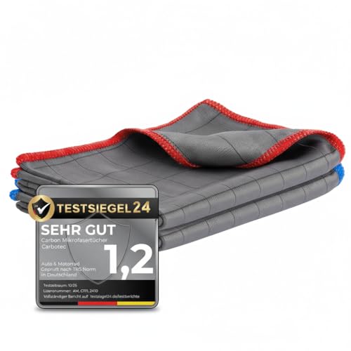 CARBOTEC® 2X Premium Carbon Mikrofaser Glastücher - Professionelle Reinigung fusselfrei & streifenfrei für Glas/Spiegel/Fenster/Autoscheibe - Mikrofasertücher/Waffeltuch mit Carbonfaser (Tuch 400gsm2)