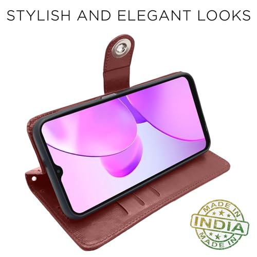 Image of Pikkme Realme C31 Flip Cover Leather Finish | Inside TPU with Card Pockets | Wallet Stand and Shock Proof | Complete Protection Button Flip Case (Brown)