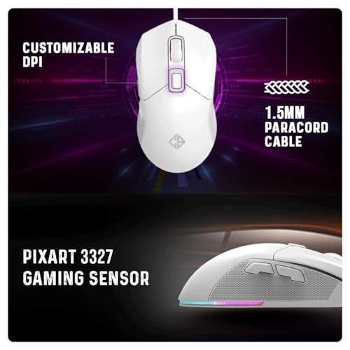 Image of Cosmic Byte Firestorm RGB Wired Gaming Mouse, 67 Grams, 12400DPI, 1000Hz Polling, Pixart 3327 Sensor, 10M Switches, Paracord Cable, Software Support Upgraded PTFE Feet (White)