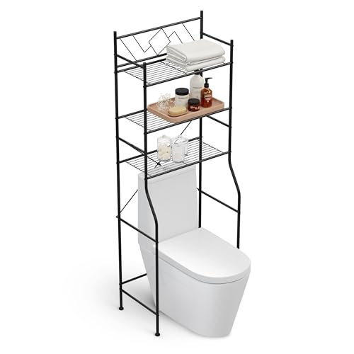 Image of Home Zone Living Over-the-Toilet Bathroom Storage Cabinet Organizer | Freestanding Steel Frame Design with 3-Tier Shelves, Wide Stabilizing Base and Adjustable Feet, Black
