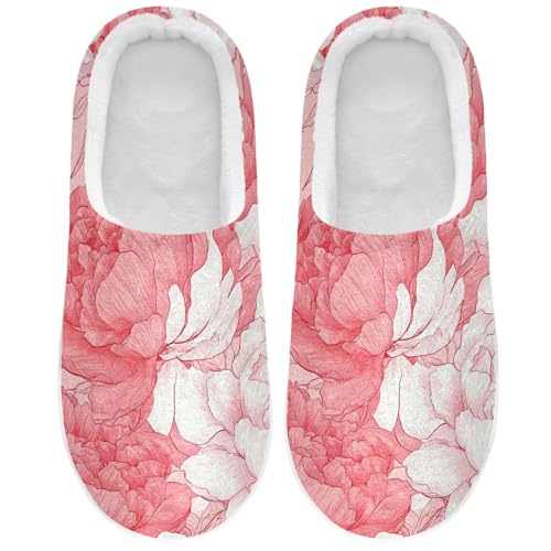 JUNZAN Art Peonies Pink Womens Cotton House Slippers Non Skid Memory Foam Guest Slippers for Hospital Funny Presents 6-7