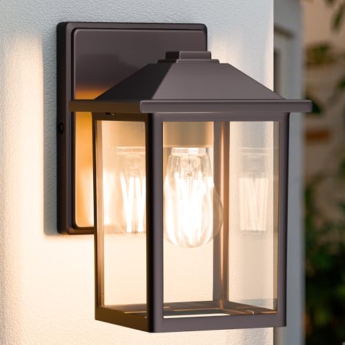 Image of Outdoor Wall Light Fixture, Exterior Waterproof Porch Lighting | Dark Chocolate Patio Wall Lantern, Anti-Rust, Clear Glass, E26 Socket, Wall Mount Sconce Lighting, Outside Front Door Light