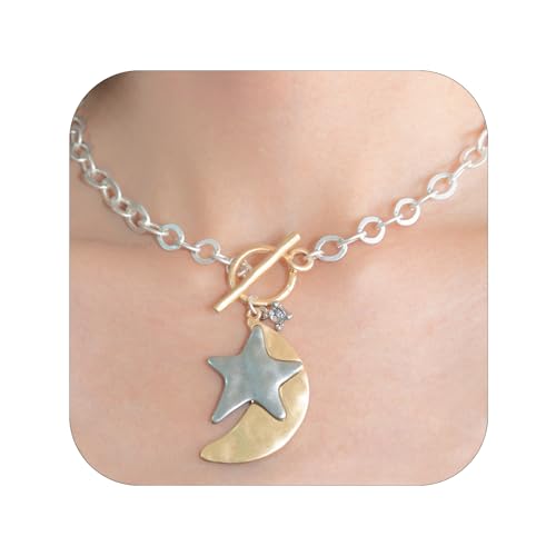 Women's Chunky Gold Layered Pendant Necklace - Antique Toggle Closure & Thick Chain Links, Moon & Star Trendy Statement Jewelry Gift2