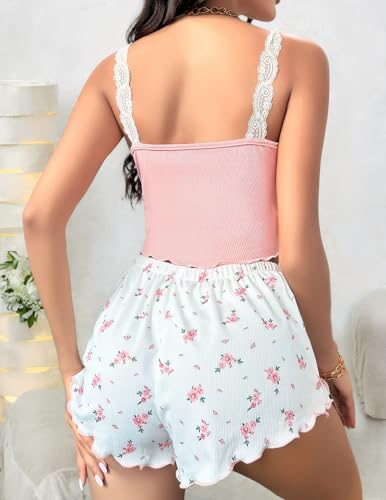 Image of Girece Sexy Pajama Set for Women 2 Piece lounge Set Floral Cami and Shorts Lingerie Set Cute Pjs Lace Trim Sleepwear