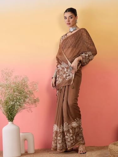 Image of AKHILAM Women's Cotton Printed Saree With Unstitched Blouse Piece