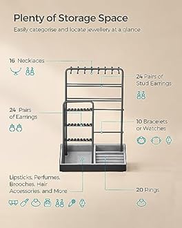 SONGMICS Jewellery Stand, Jewellery Organiser, Jewellery Display Stand with Metal Frame and Velvet Tray, Earring Bracelet Holder, Necklace Stand, for Studs, Rings, Gift Idea, Black JJS021B01