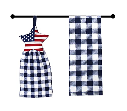 Celebrate Patriotic Kitchen Towels, Set Of 2 Coordinating Cotton Terry Dishtowels, Red, White, Blue Flag Star Tie Top And Blue White Buffalo Plaid For 4Th Of July, Memorial Or Labor Day #TOP2