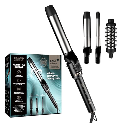 REVAMP Multi Style Revolve Rizador de Pelo Automático 3 en 1 – Tenacilla Giratoria con Cepillo Rizante de 38 mm, Pinza de 32 mm y 19 mm – Para Volumen, Ondas Suaves y Rizos Definidos