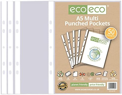 eco-eco A5 100% Recycled Multi Punched Pockets Glass Clear, Transparent Poly Wallet Sheet Protector, 45 Microns (50 Pockets), eco132