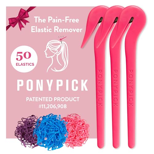 Image of THE PONY PICK Rubber Bands Cutter for Hair Removal - Pain-Free Hair Band Remover - Easy 3 Pack with 50 Colored Elastics