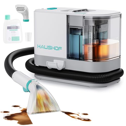 HAUSHOF Nettoyeur de Tapis et Tissus d’Ameublement Portable, 13 kPa Aspiration Puissante, Élimine les Taches Tenaces sur Canapés, Voiture et Lits pour Animaux, Réservoir 1,3L+1,05L, Tuyau 1,5m, 77dB