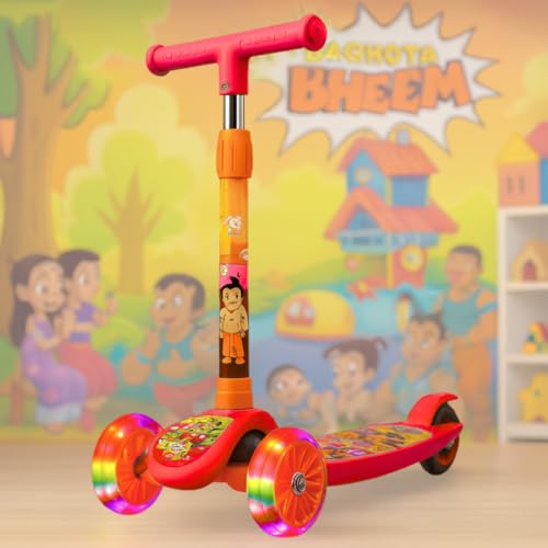 Image of Storio Chhota Bheem Foldable Kids Kick Scooter with LED Light Wheels & Adjustable Height | 3+ Years Boys & Girls | 50kg Capacity | Fun Outdoor Ride-On Toy - Red