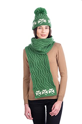 SAOL 100% Merino Wool - Irish Aran Scarf with Green Shamrock for Women3