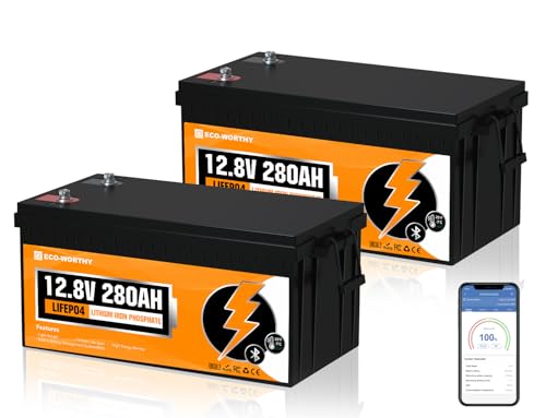 ECO-WORTHY 12V 280Ah 2 Pack LiFePO4 Lithium Battery with Bluetooth, Low Temp Protection, Built-in 200A BMS, 3584Wh Energy. Perfect for Off-Grid, RV, Solar System, Camper, Travel Trailer, Backup System