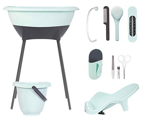 Luma Baby Care L10310u00a0Juego de cuidado de bañou00a0u0096u00a0Bañera de pie, asiento de baño, cubo para pañales, termómetro, peine y cepillo, Set de manicura, Bañera Tubo de desagüe
