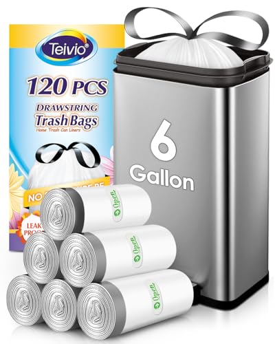 Image of 6 Gallon Small 120 Counts Strong Drawstring Trash Bags Garbage Bags by Teivio, Bathroom Trash Can Bin Liners, Plastic Bags for home office kitchen, White