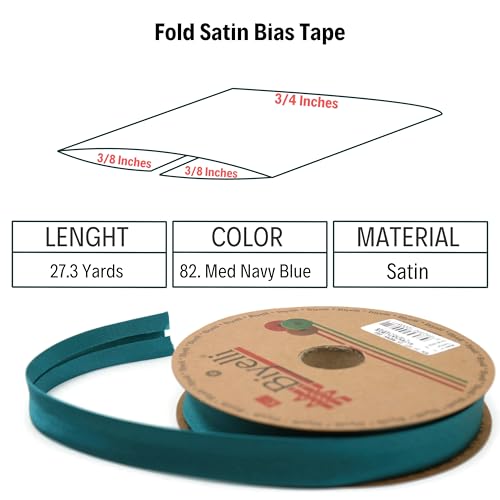 Image of Fold Satin Bias Tape - 99+ Colors - 3 /4 Inches Wide - 27 Yards - Fold Satin Binding Bias Ribbon Fabric Piping Bias Binding Tape for Sewing Clothing DIY (82. Med Navy Blue) BYS82