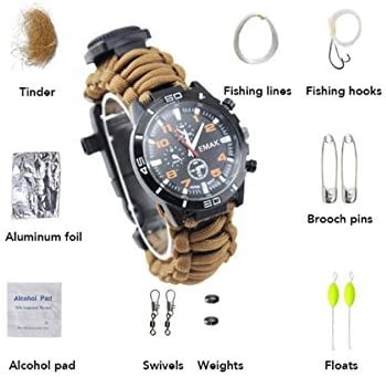 JN Store 1Pcs Camping Watch 16 in 1 Multifunctional 9'' Brown Paracord Bracelet Sahara Sailor Outdoor Survival Kit W Compass Flint Fire Starter Scraper Whistle for Hiking Camping Emergency More