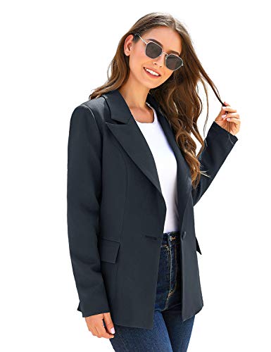 Luvamia Women's Long Blazer Jacket Casual Notched Lapel One Button Work Office Blazer Jacket Suit Navy Blue Size Large (Fits Us 12-14) #TOP6